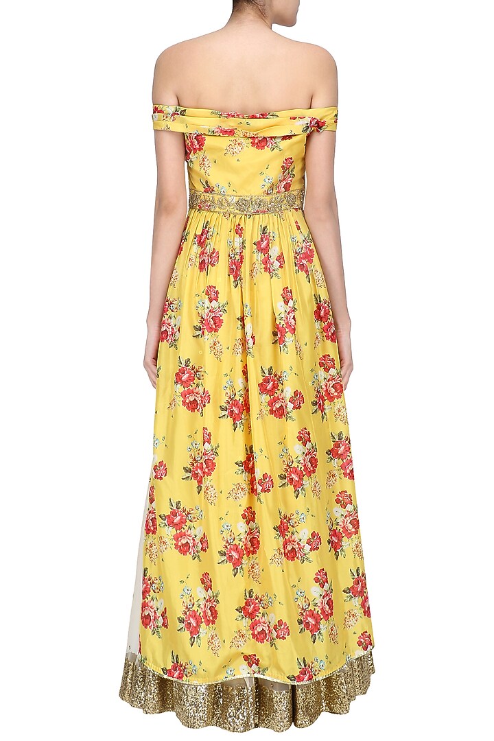 Yellow floral embroidered off shoulder kurta and skirt set available only at Pernia's Pop Up Shop.