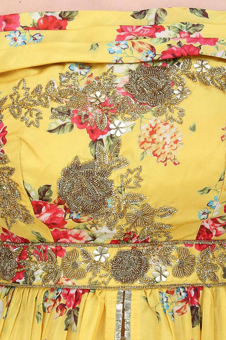 Yellow floral embroidered off shoulder kurta and skirt set available only at Pernia's Pop Up Shop.