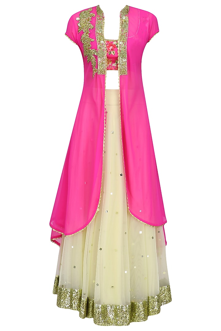 Beige Lehenga Skirt with Pink Floral Printed Blouse and Jacket by Seema Khan