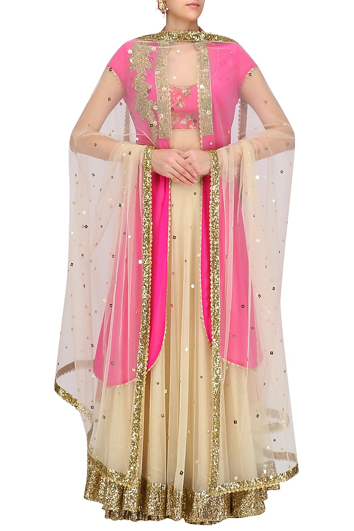 Beige lehenga skirt with pink floral printed blouse and jacket available only at Pernia's Pop Up Shop.