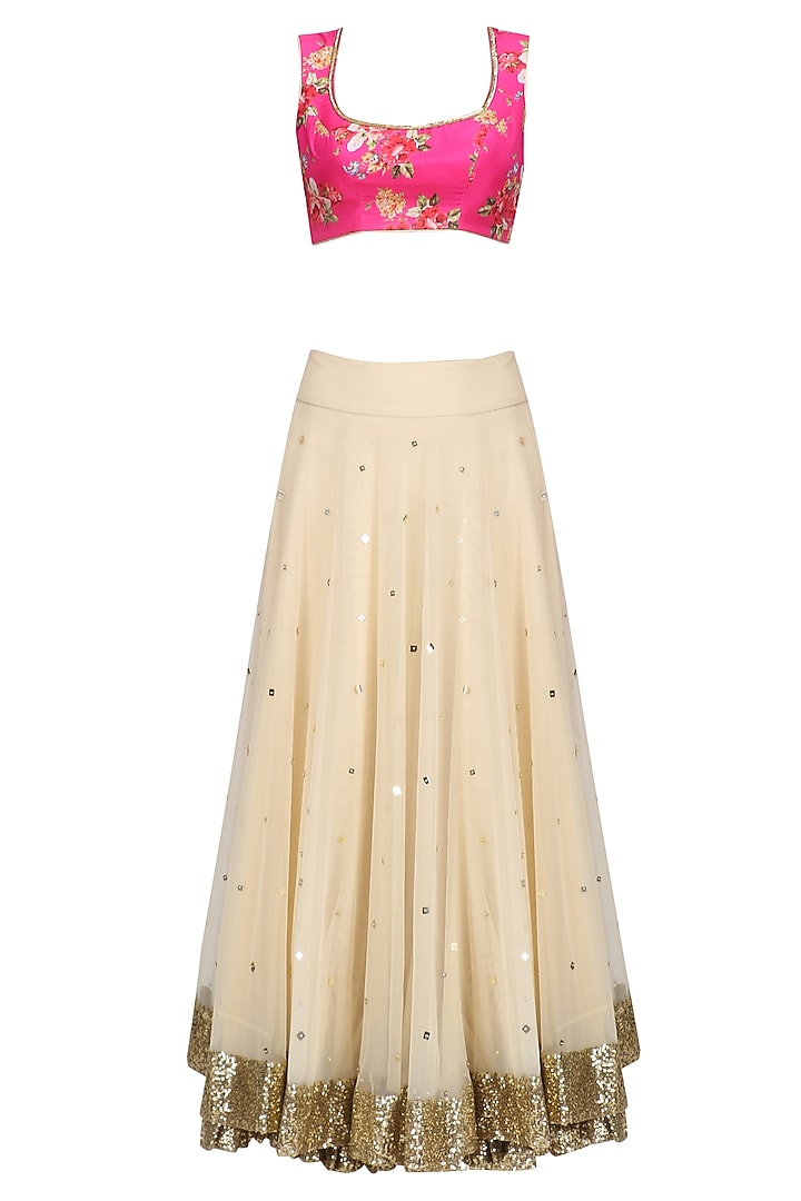 Beige lehenga skirt and pink floral work blouse set available only at Pernia's Pop Up Shop.