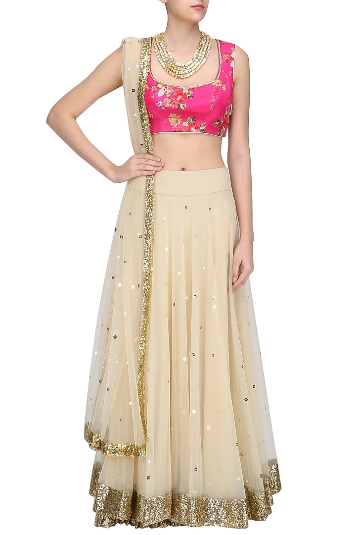 Beige lehenga skirt and pink floral work blouse set available only at Pernia's Pop Up Shop.