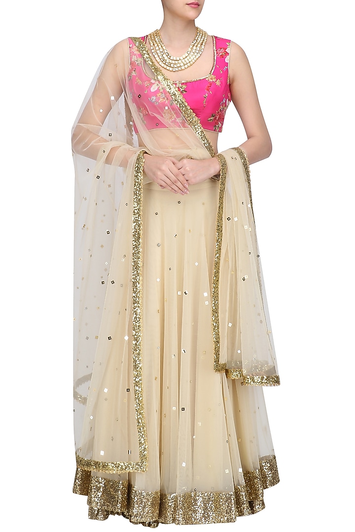 Beige lehenga skirt and pink floral work blouse set available only at Pernia's Pop Up Shop.