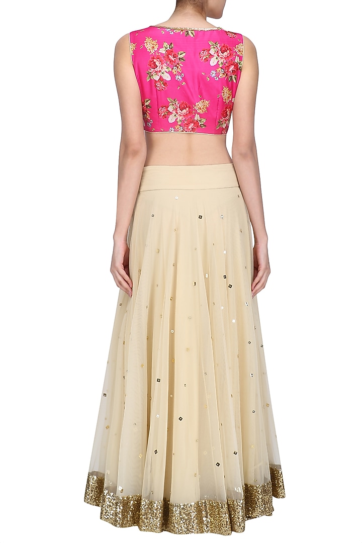 Beige lehenga skirt and pink floral work blouse set available only at Pernia's Pop Up Shop.