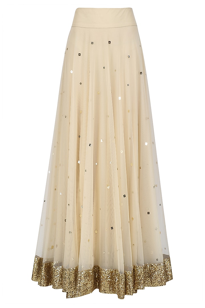 Beige lehenga skirt and pink floral work blouse set available only at Pernia's Pop Up Shop.