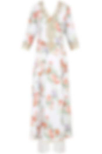 White Floral Printed Kurta Set With Straight Pants by Seema Khan