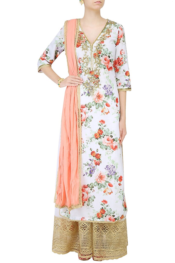 White floral printed straight kurta set with sharara pants available only at Pernia's Pop Up Shop.