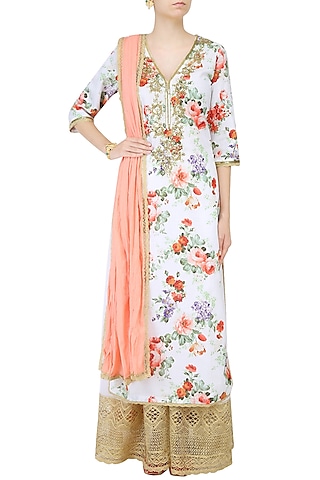 White Floral Printed Straight Kurta Set With Sharara Pants by Seema Khan