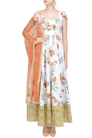 White Floral Printed Flared Anarkali Set by Seema Khan