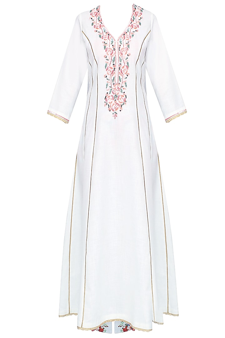 White rosette embroidered kalidaar kurta set with floral printed straight pants available only at Pernia's Pop Up Shop.