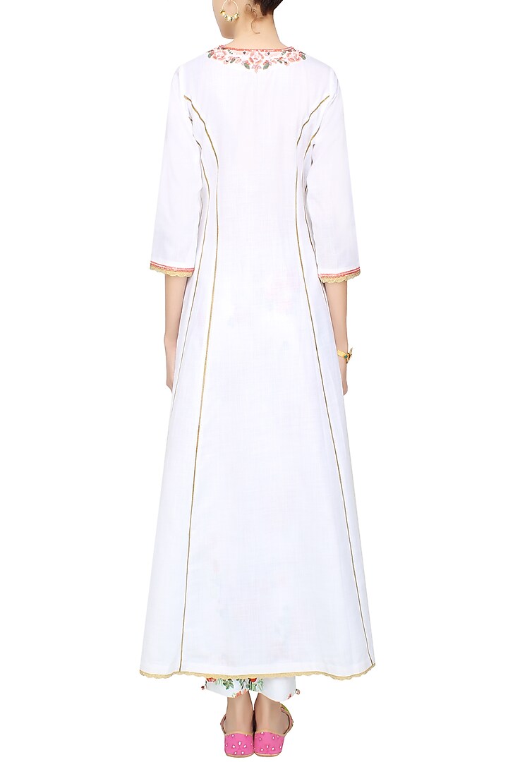 White rosette embroidered kalidaar kurta set with floral printed straight pants available only at Pernia's Pop Up Shop.