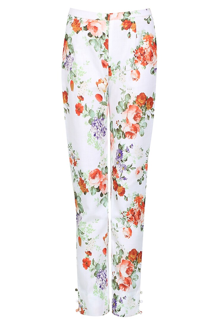 White rosette embroidered kalidaar kurta set with floral printed straight pants available only at Pernia's Pop Up Shop.