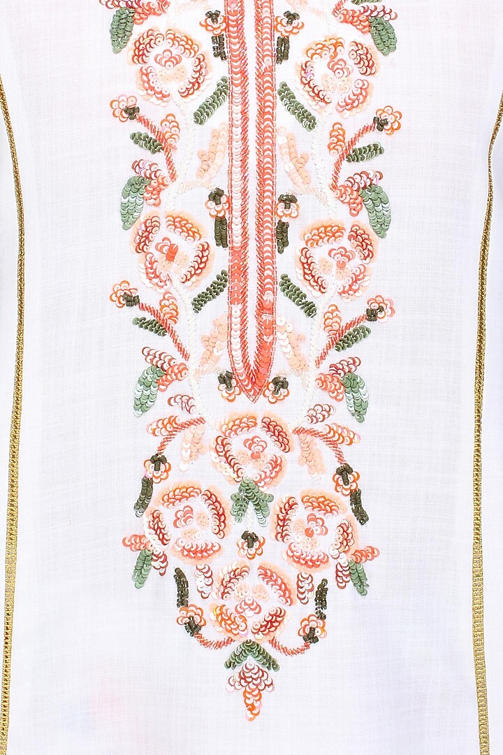 White rosette embroidered kalidaar kurta set with floral printed straight pants available only at Pernia's Pop Up Shop.