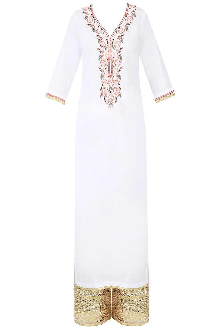 White Rosette Embroidered Straight Kurta Set With Floral Printed Broad Pants by Seema Khan