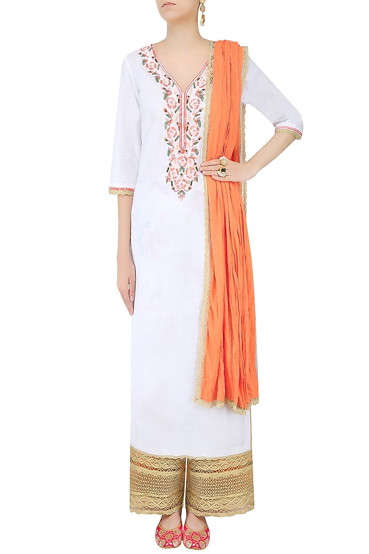 White rosette embroidered straight kurta set with floral printed broad pants available only at Pernia's Pop Up Shop.