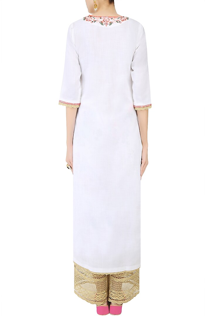 White rosette embroidered straight kurta set with floral printed broad pants available only at Pernia's Pop Up Shop.