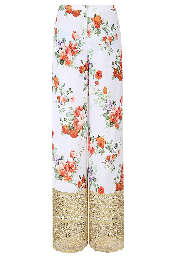 White rosette embroidered straight kurta set with floral printed broad pants available only at Pernia's Pop Up Shop.
