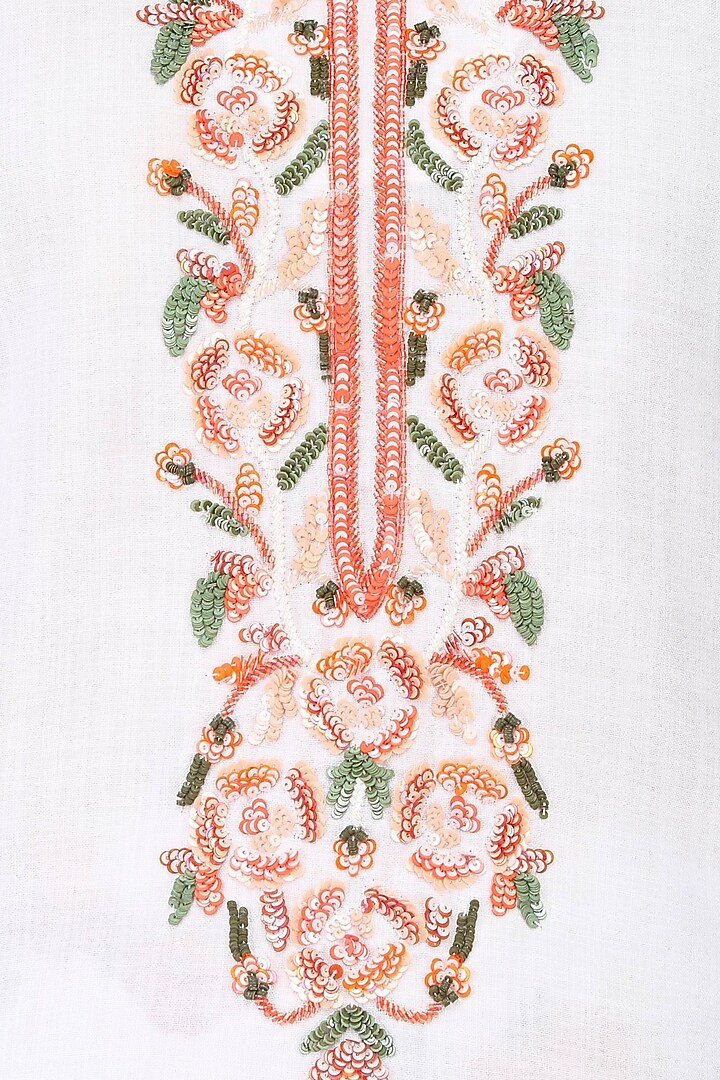White rosette embroidered straight kurta set with floral printed broad pants available only at Pernia's Pop Up Shop.