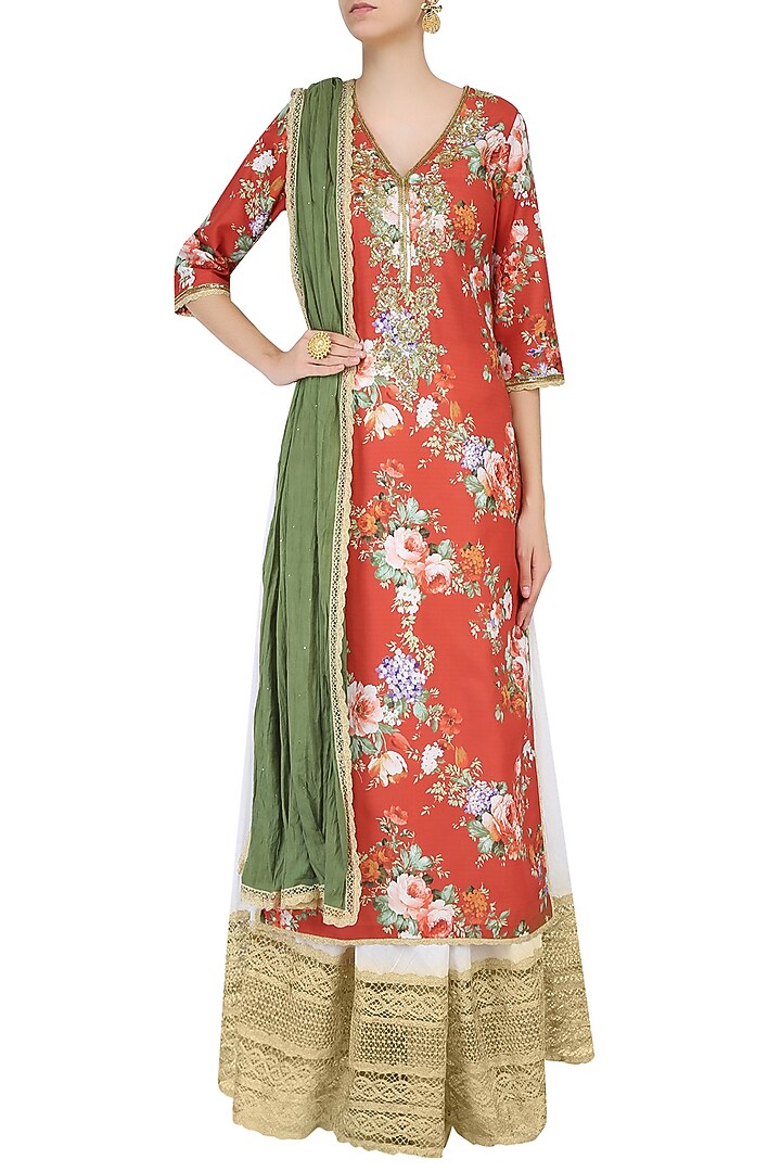 Rust color floral printed straight kurta set with sharara pants available only at Pernia's Pop Up Shop.