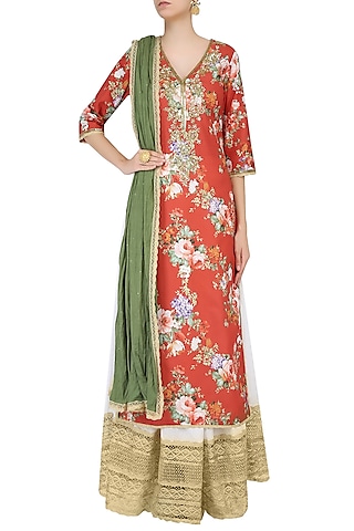 Rust Color Floral Printed Straight Kurta Set With Sharara Pants by Seema Khan