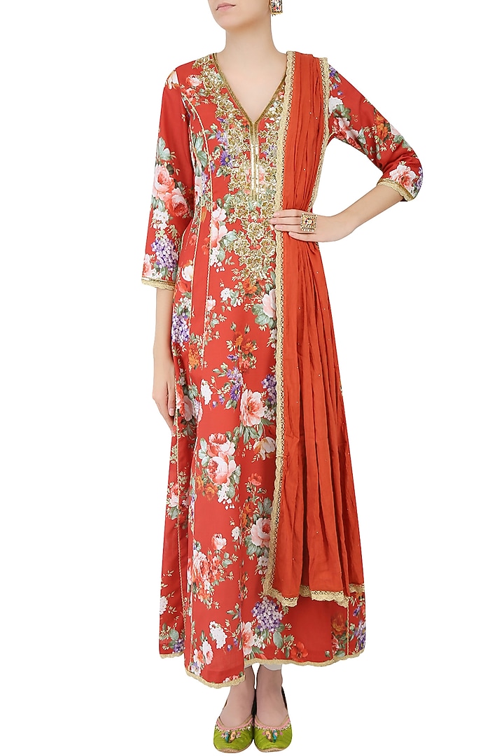 Rust color floral printed kalidaar kurta set with straight pants available only at Pernia's Pop Up Shop.