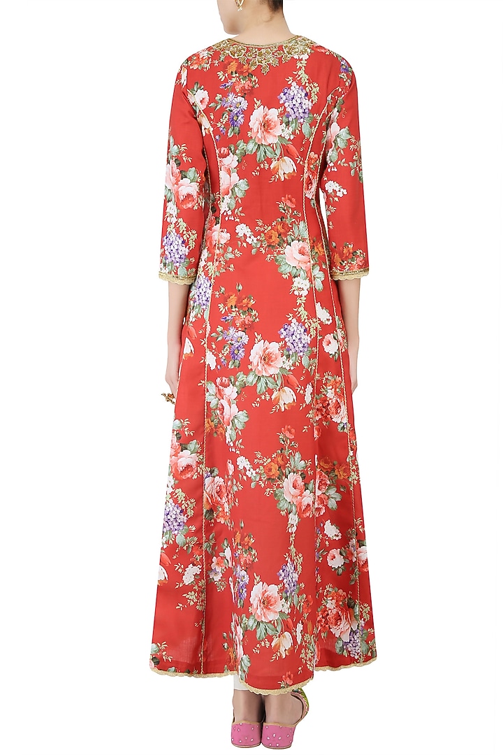 Rust color floral printed kalidaar kurta set with straight pants available only at Pernia's Pop Up Shop.
