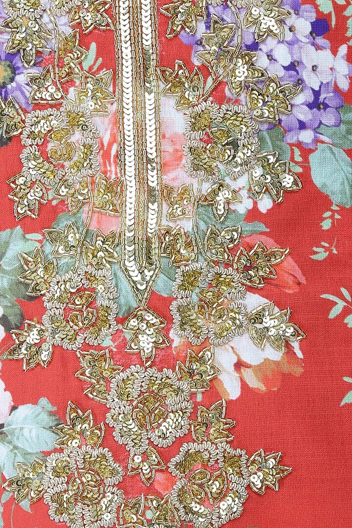 Rust color floral printed kalidaar kurta set with straight pants available only at Pernia's Pop Up Shop.