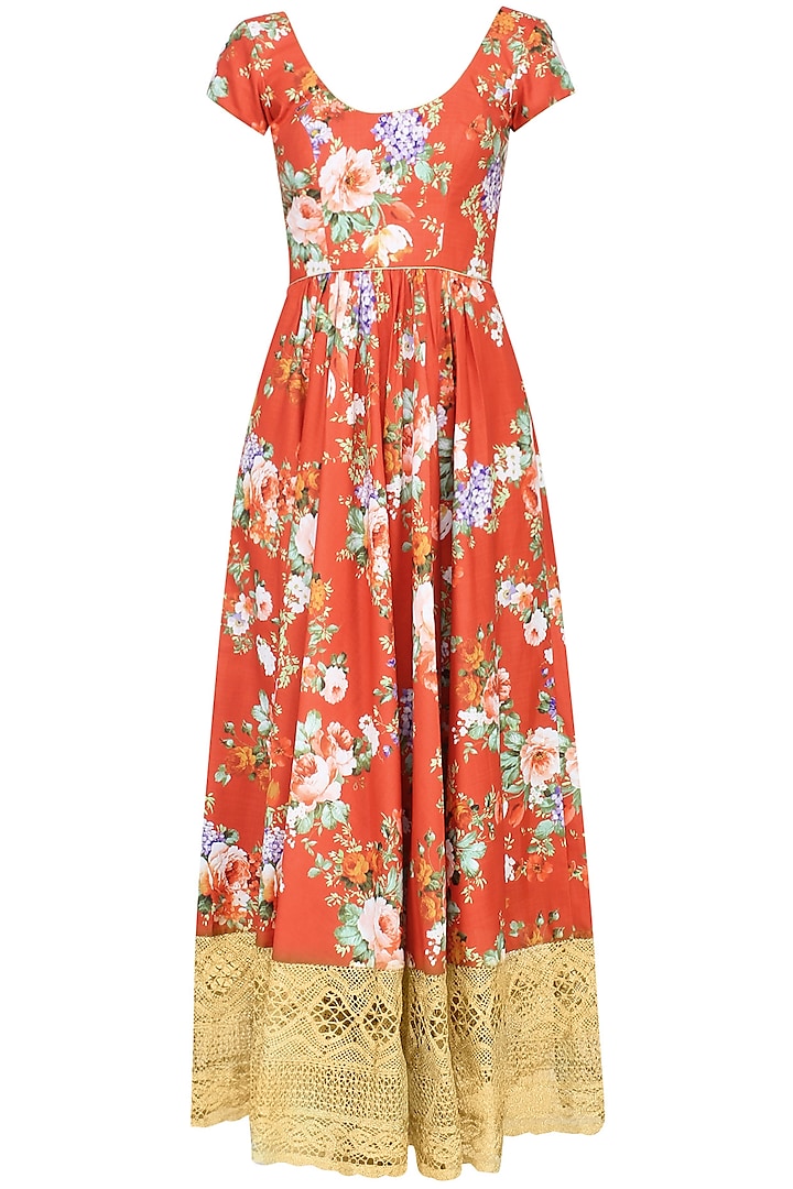 Rust color floral printed anarkali set available only at Pernia's Pop ...