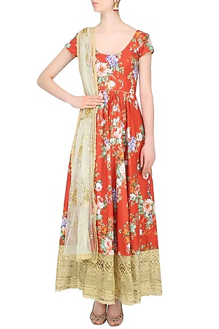 Rust Color Floral Printed Anarkali Set by Seema Khan