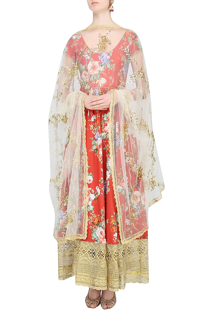 Earthy Rust Anarkali Set with Floral Embroidery