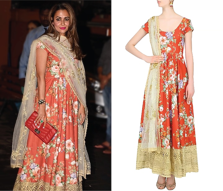 Rust color floral printed anarkali set available only at Pernia's Pop Up Shop.