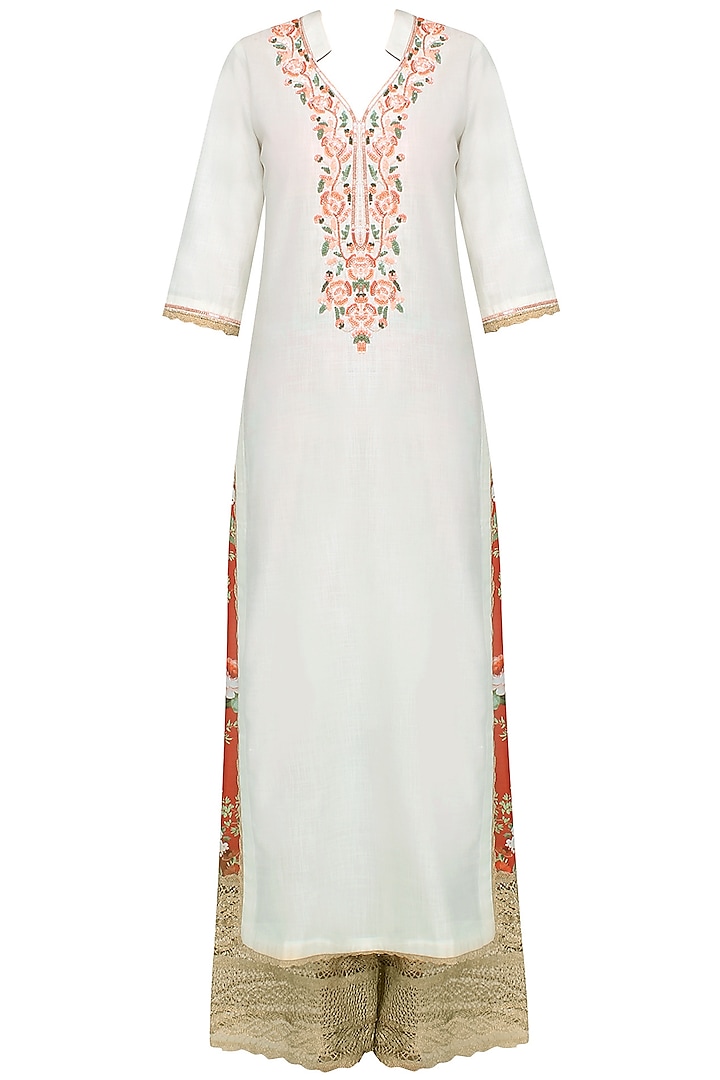 White floral embroidered straight kurta set with floral broad pants available only at Pernia's Pop Up Shop.