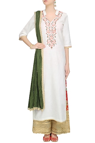 White Floral Embroidered Straight Kurta Set With Floral Broad Pants by Seema Khan
