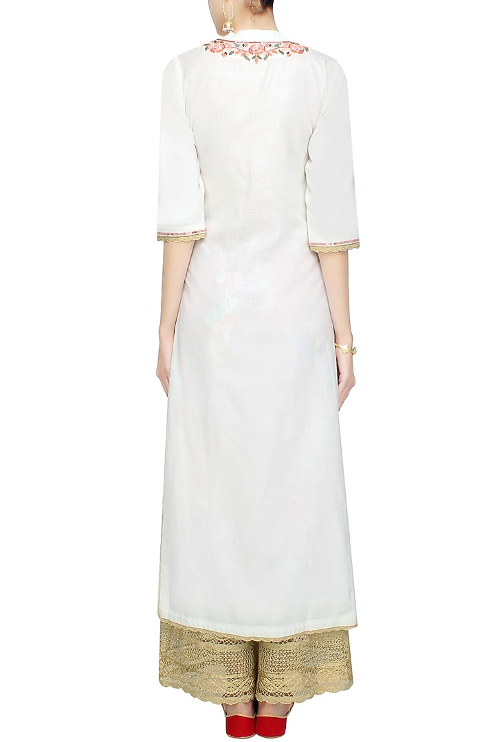 White floral embroidered straight kurta set with floral broad pants available only at Pernia's Pop Up Shop.