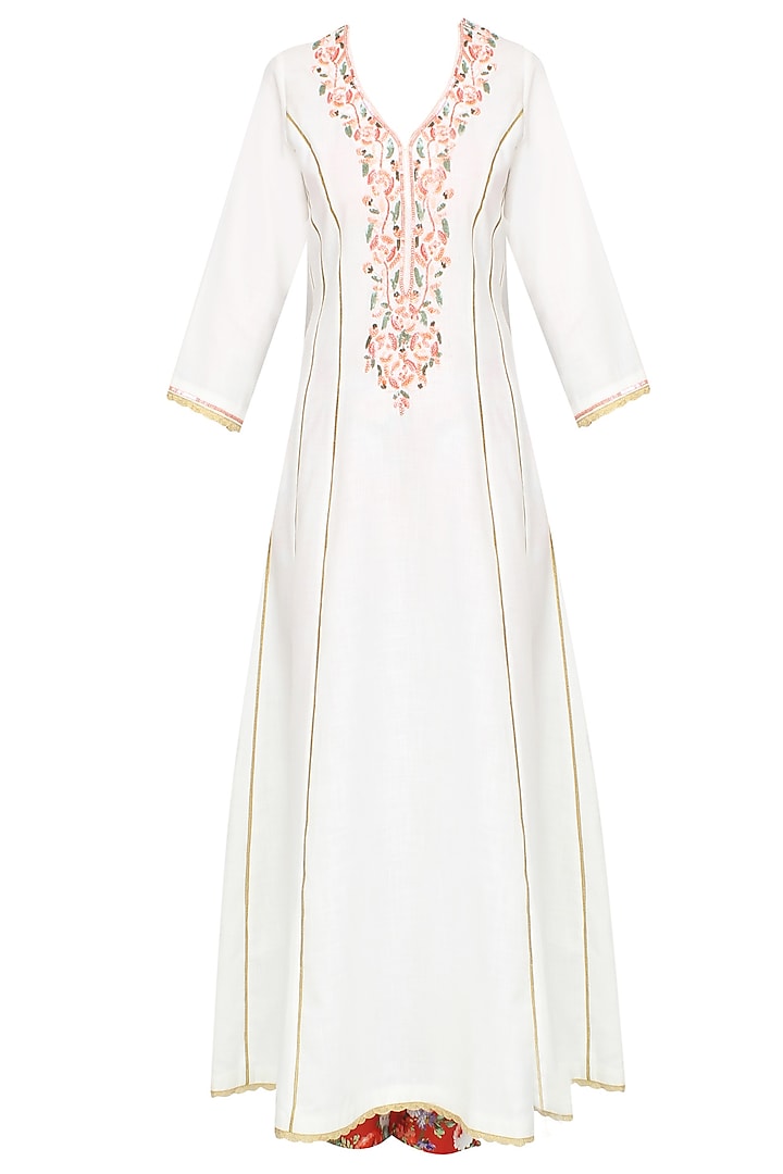 White floral embroidered kalidaar kurta set with straight pants available only at Pernia's Pop Up Shop.