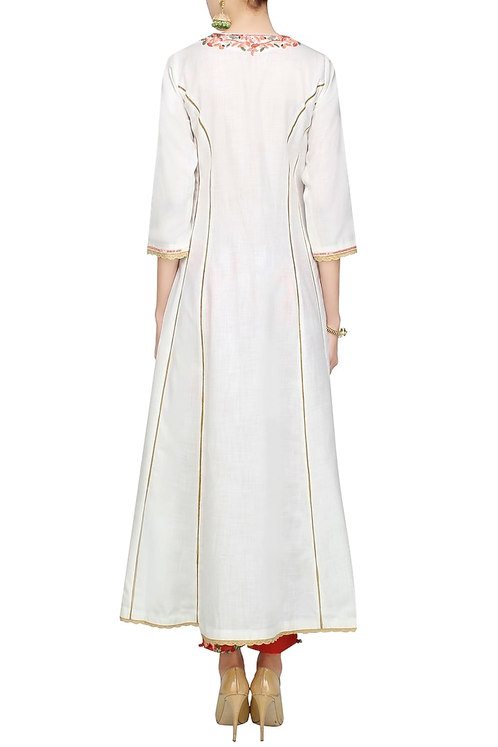 White floral embroidered kalidaar kurta set with straight pants available only at Pernia's Pop Up Shop.