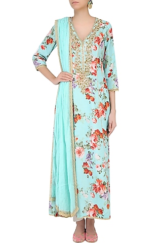 Blue Floral Printed Anarkali Set With Straight Pants by Seema Khan
