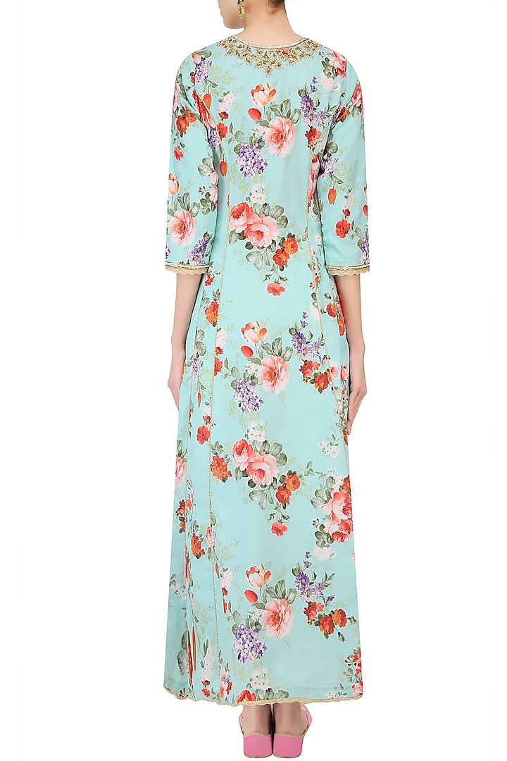 Blue floral printed anarkali set with straight pants available only at Pernia's Pop Up Shop.