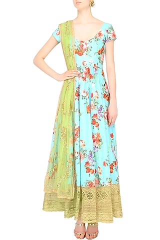Blue Floral Printed Cutwork Anarkali Set by Seema Khan