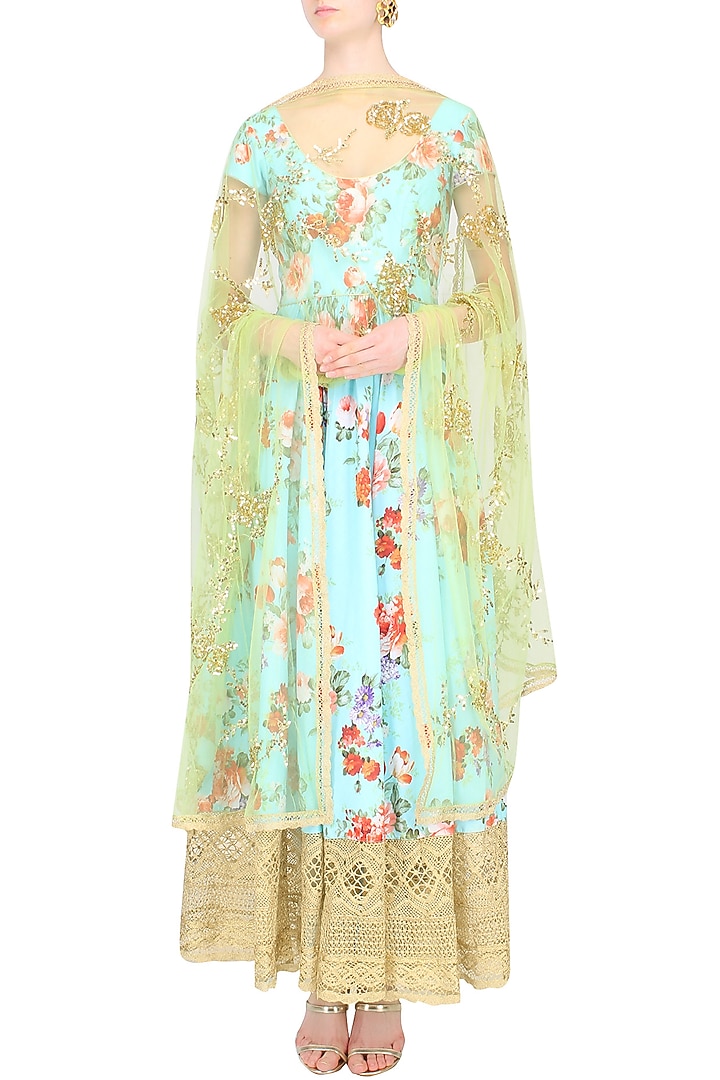 Blue floral printed cutwork anarkali set available only at Pernia's Pop Up Shop.