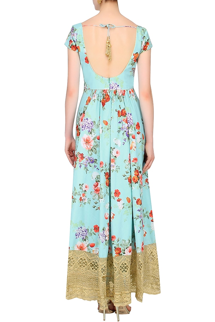 Blue floral printed cutwork anarkali set available only at Pernia's Pop Up Shop.