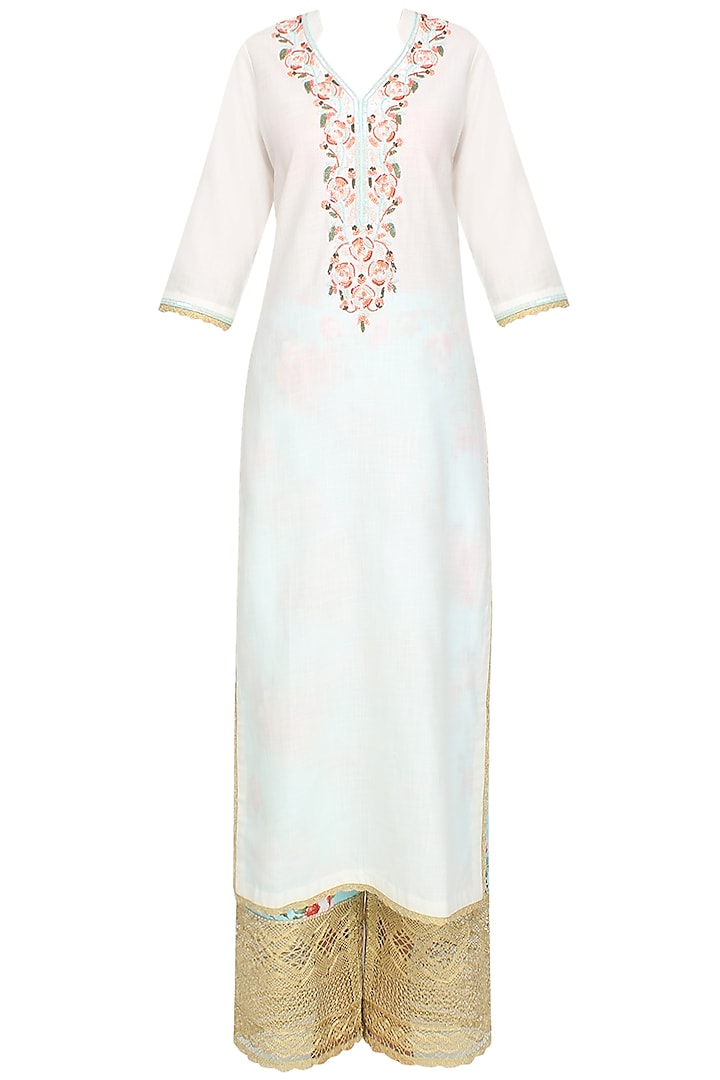White Floral Embroidered Straight Kurta With Blue Floral Broad Pants by Seema Khan
