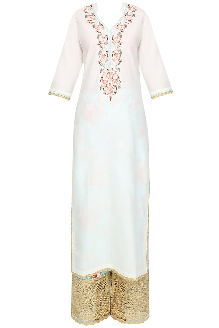 White floral embroidered straight kurta with blue floral broad pants available only at Pernia's Pop Up Shop.