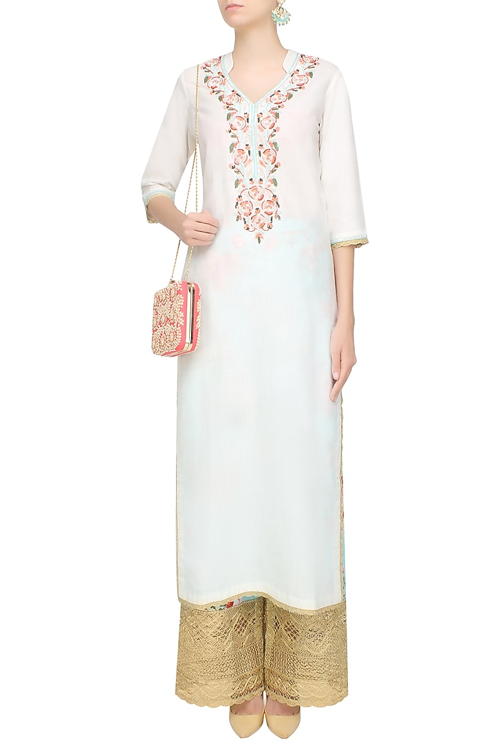 White floral embroidered straight kurta with blue floral broad pants available only at Pernia's Pop Up Shop.