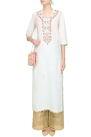 White Floral Embroidered Straight Kurta With Blue Floral Broad Pants by Seema Khan