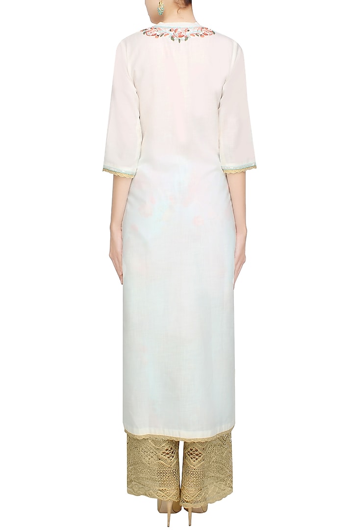 White floral embroidered straight kurta with blue floral broad pants available only at Pernia's Pop Up Shop.
