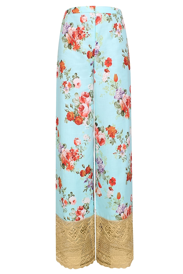 White floral embroidered straight kurta with blue floral broad pants available only at Pernia's Pop Up Shop.