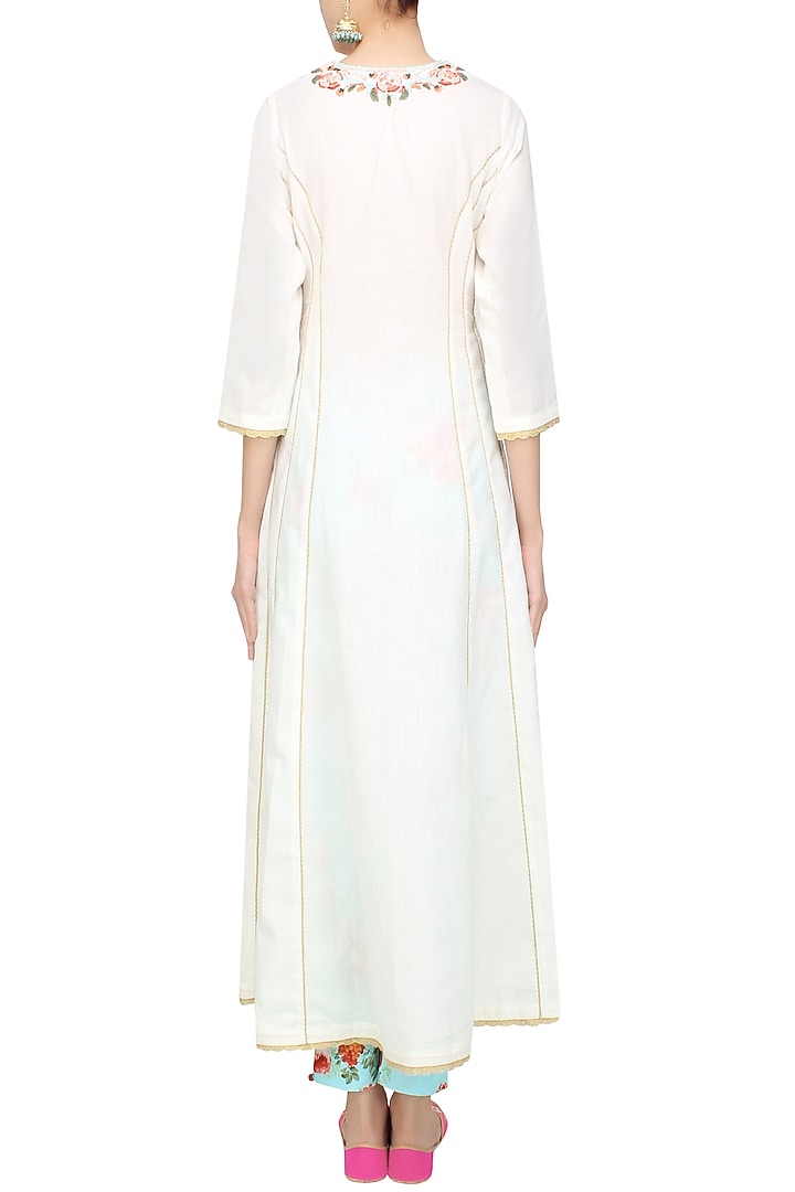 White rosette embroidered kalidaar kurta with floral pants available only at Pernia's Pop Up Shop.