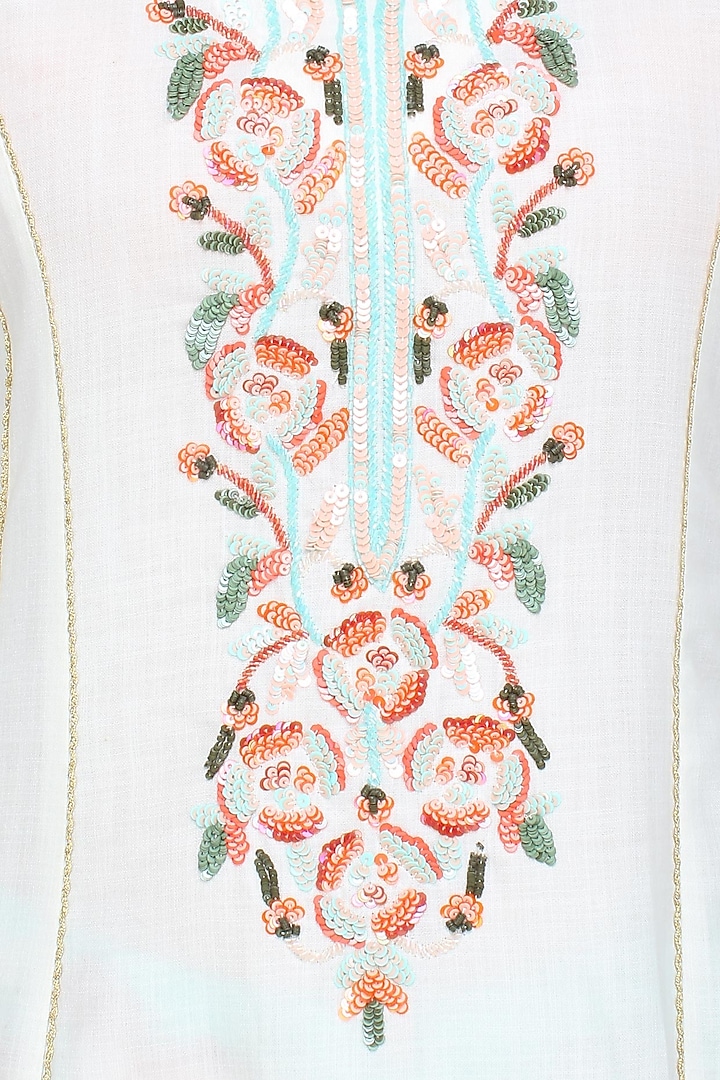 White rosette embroidered kalidaar kurta with floral pants available only at Pernia's Pop Up Shop.