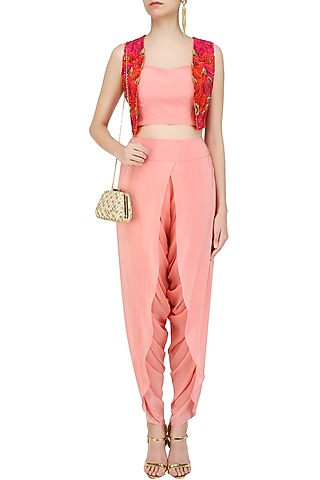 Orange Ornate Rosette Embroidered Waistcoat by Seema Khan